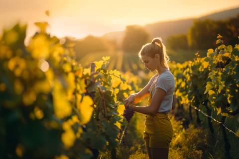 person picking grapes spending time vineyard